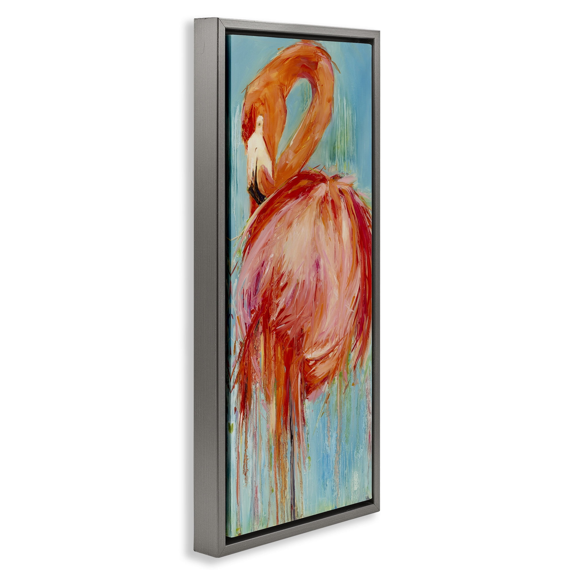 Stupell Industries Bold Abstract Flamingo Painting Nature Painting Gray Floater Framed Canvas Art Print Wall Art, 15 x 31