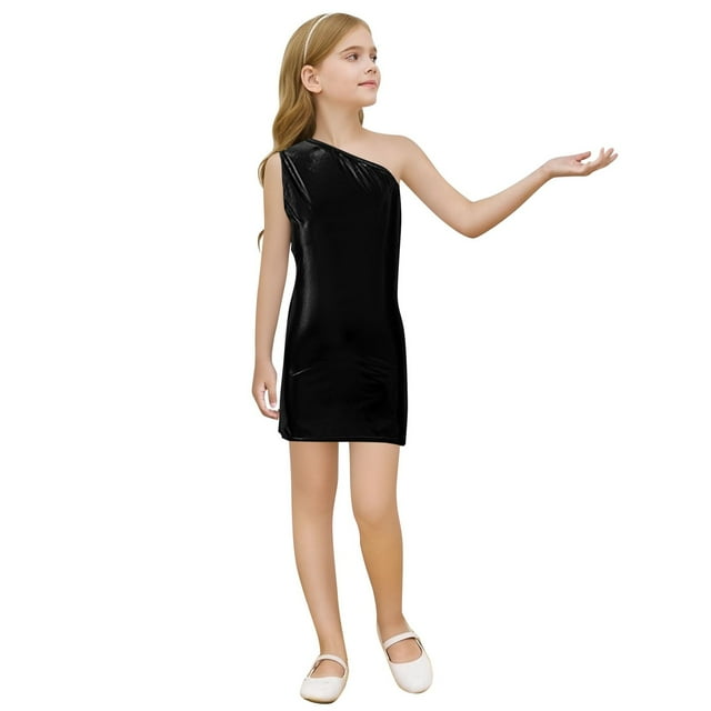 HXWCHs Robe de Fête Étincelante pour Filles Robe à Sequins Épaule Asymétrique Col Rond Robe de Fête pour Tout-Petits Enfants Noir 7-8 Ans