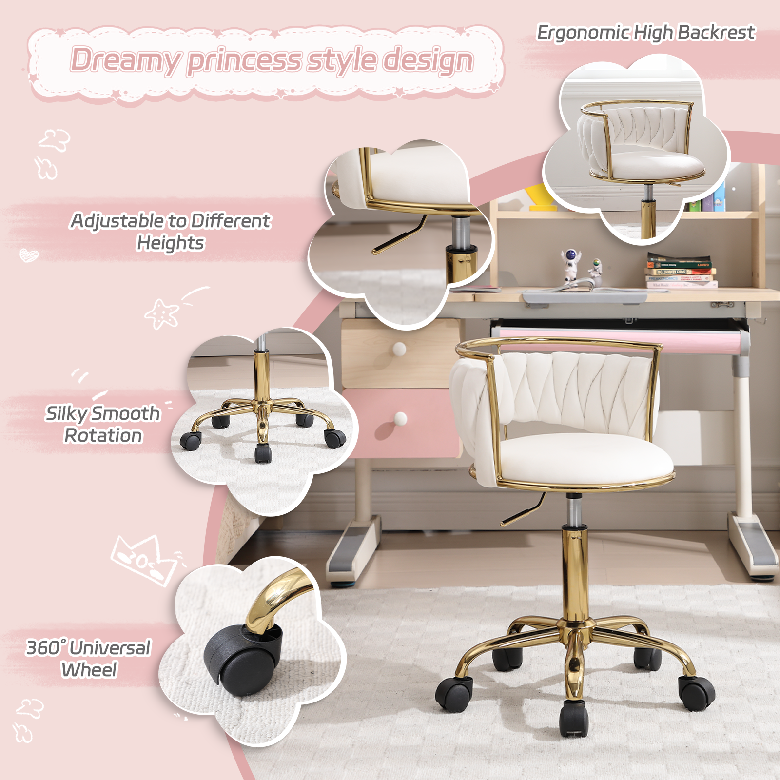Guyou Kids Desk Chair, Velvet Rolling Swivel Children Chair, Adjustable Student Task Chair, Curved Woven Backrest Vanity Chair for Bedroom Dormitory Children Gifts, White