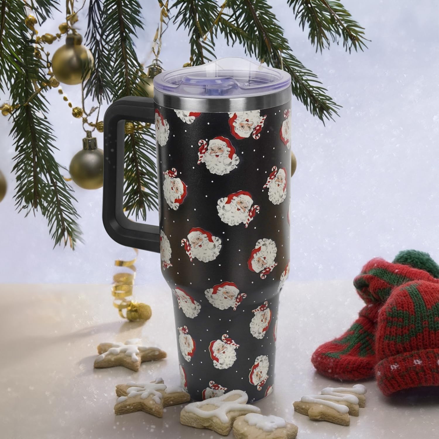 Christmas Santa Black Polka Dots Tumbler with Handle and Straw Lid 40 oz,Cute Christmas Gifts for Women Vacuum Insulated Leak Proof Tumbler,Winter Holiday Accessories Stainless Steel Coffee Cup Mug