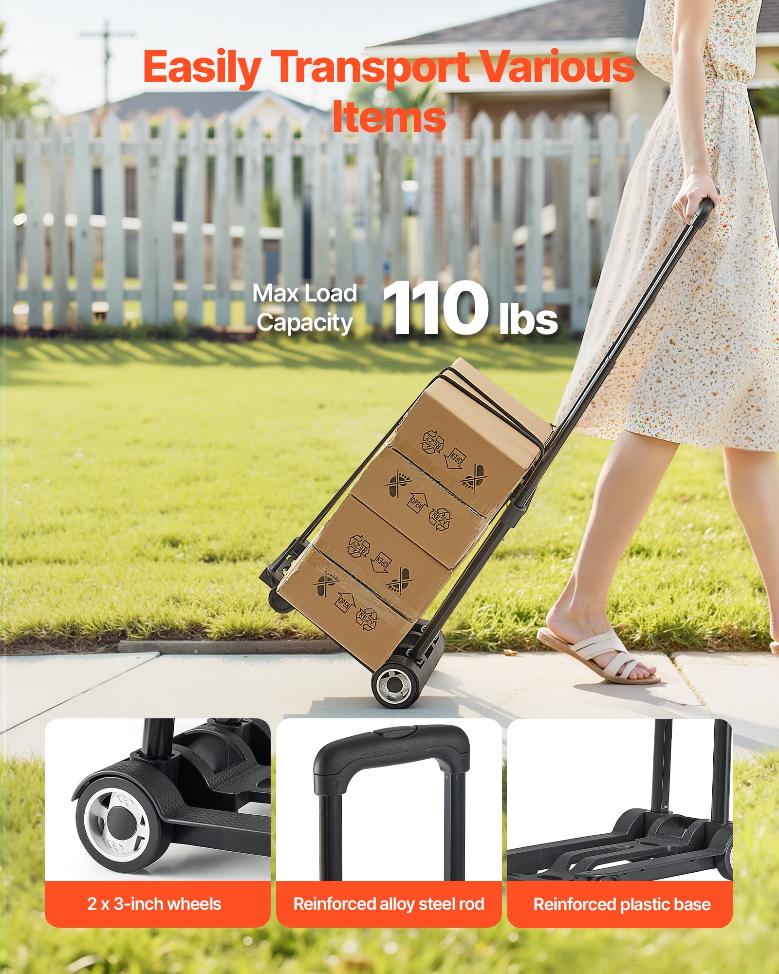 VEVOR Folding Hand Truck, 110 lbs Load Capacity, Collapsible Luggage Cart with 2 Wheels & 1 Elastic Rope, Utility Dolly Platform Cart for Airport Travel Furniture Luggage Office Moving, Black