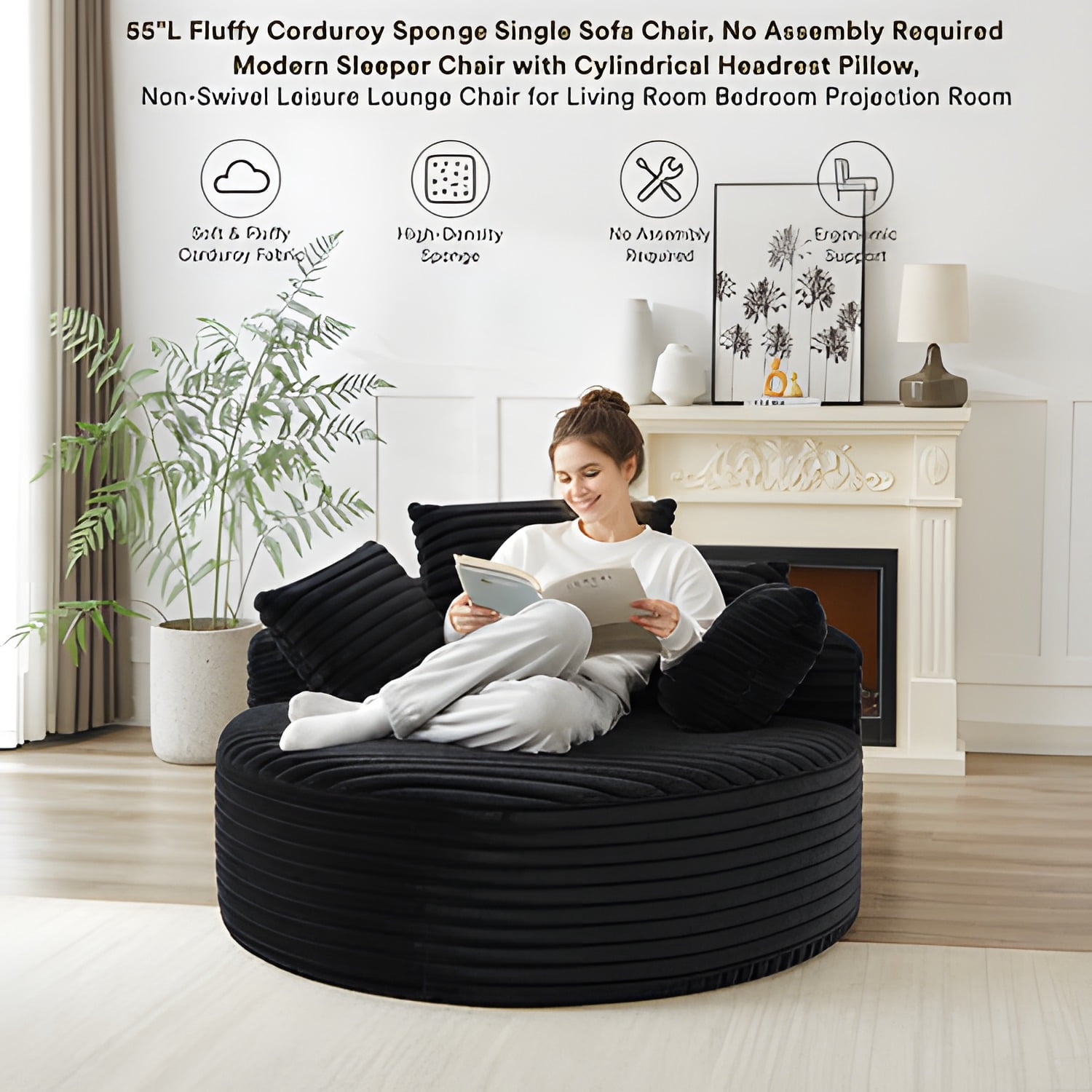 55"L Fluffy Corduroy Sponge Single Sofa Chair, No Assembly Required Modern Sleeper Chair with Cylindrical Headrest Pillow, Non-Swivel Leisure Lounge Chair for Living Room Bedroom Projection Room