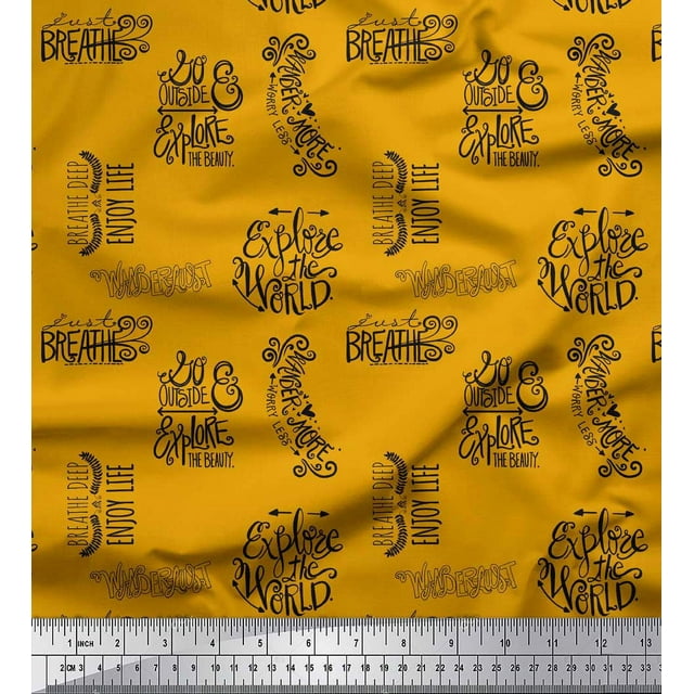 Soimoi Gold Velvet Fabric Explore The World Text Print Sewing Fabric Yard 58 Inch Wide