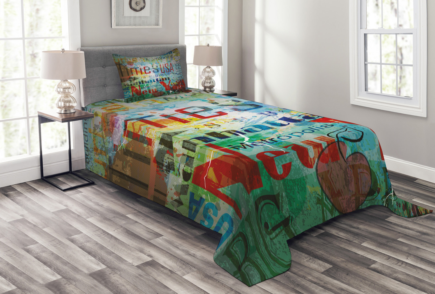 New York Bedspread Set Twin Size, Grunge Collage of Words American