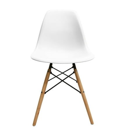 White - Modern Style Side Chair with Natural Wood Legs Eiffel Dining Room Chair - Lounge Chair with No Arm Chairs Seats Wooden Wood Dowel Leg - Eiffel Legged Base Molded Plastic Seat Shell