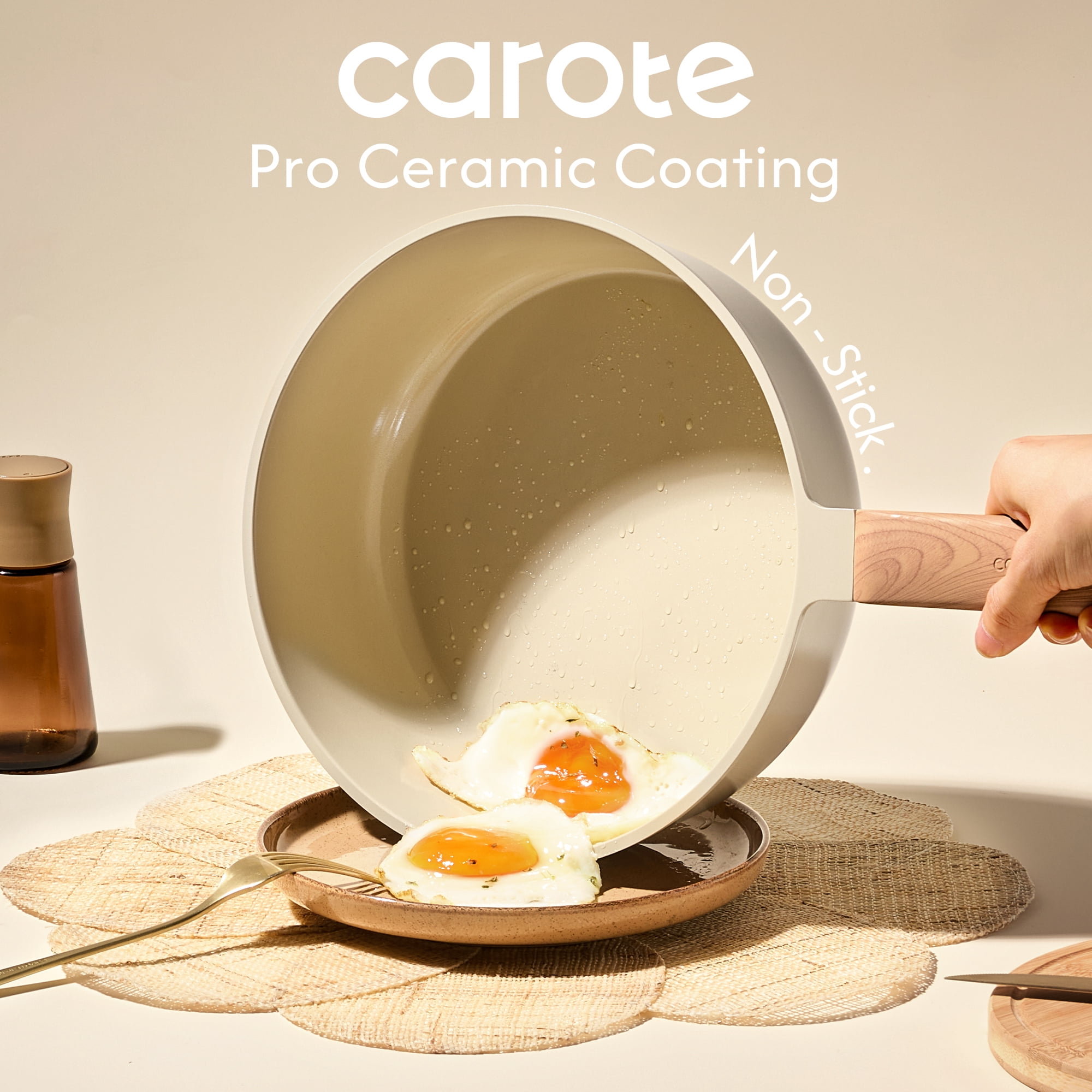 Carote 3 QT Ceramic Nonstick Sauté Pan with Lid, 9.5" Deep Frying Pan, Induction Compatible, Easy to Clean, Oatmeal