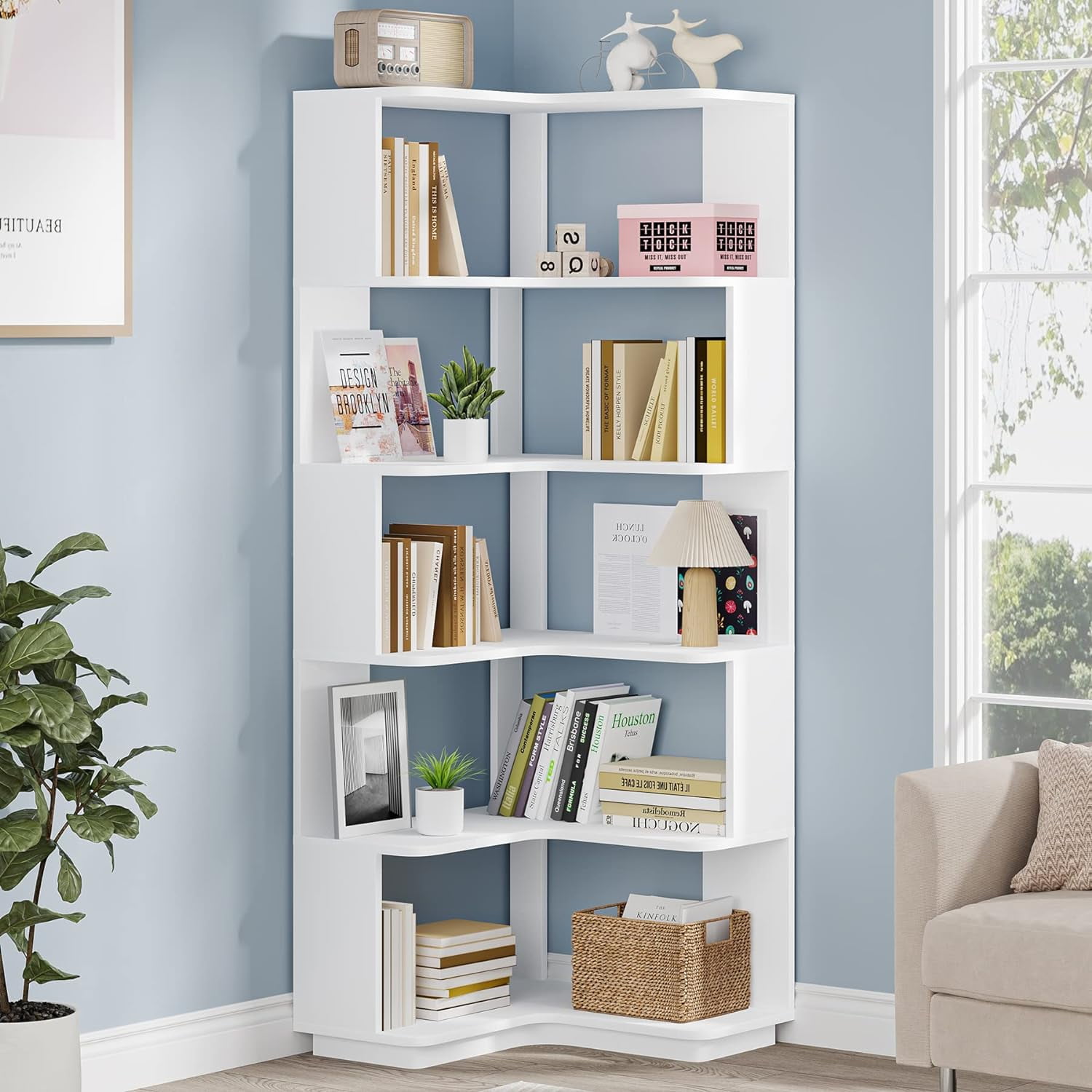 Tribesigns 64.9” 6-Tier Corner Bookshelf – Stylish Tall Storage Rack with Anti-Slip Design for Living Room & Office
