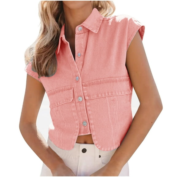 TEAJOPSUU Women Cropped Jean Vest Solid Color Open Front Button Down Jean Waistcoat Turndown Collar Sleeveless Denim Jacket with Pockets B-Pink