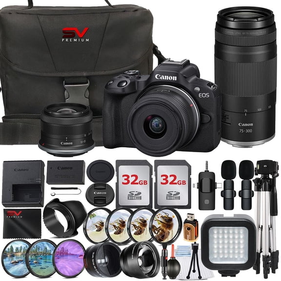 Canon EOS R50 Mirrorless Camera with RF-S 18-45mm   75-300mm Lens   2 Pack 32GB Memory Card   Case   Wide Angle   SV Premium Accessory Bundle (International Version)