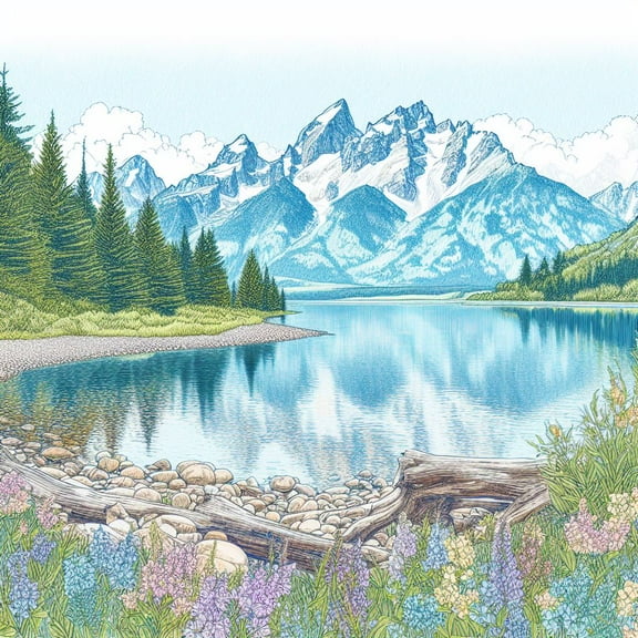 Jenny Lake at Grand Teton National Park Line Drawing II - 12" x 18" Art Print Wall Decor