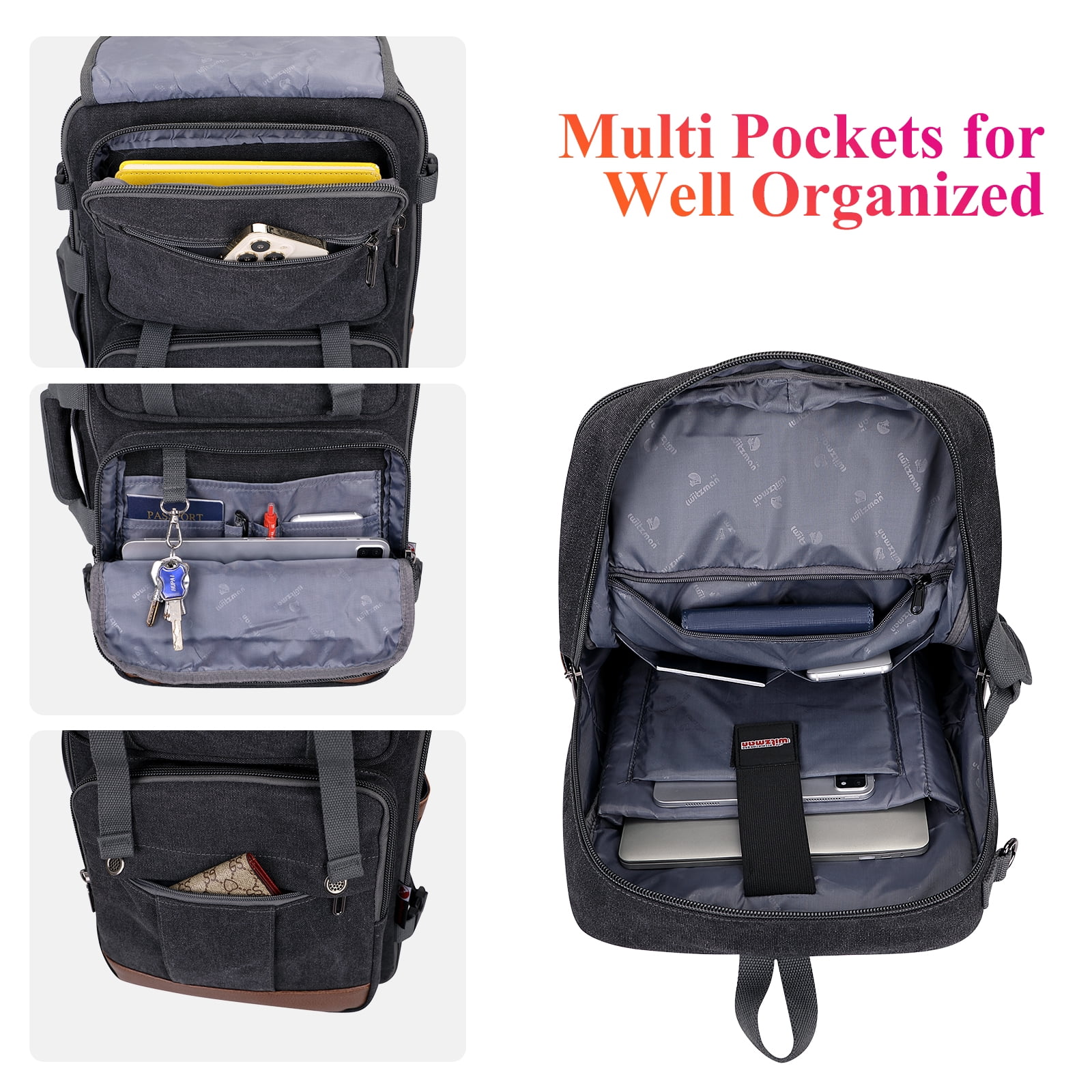 WITZMAN Canvas Travel Backpack for Men Women Expandable Large Carry on Duffel Bag Backpack for Airplane Fit 17 inch Laptop (A6617-3 Black)