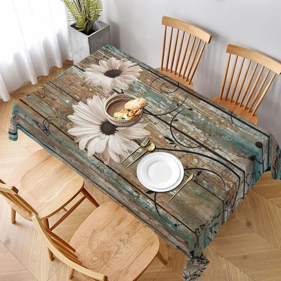 Sunflowers Tablecloth 60x84 Inch Rectangle Vintage Rustic Daisy on Wooden Board Table Cloth Farmhouse Spring Summer Decoration Floral Table Cover for Holiday Party Kitchen Dinner