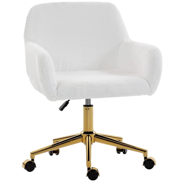 Cream White Faux Rabbit Fur Office Chair, Plush Upholstered Swivel Vanity Desk Chair with Gold Steel Base, Adjustable Height Task Chair for Bedroom, Dressing Room or Home Office