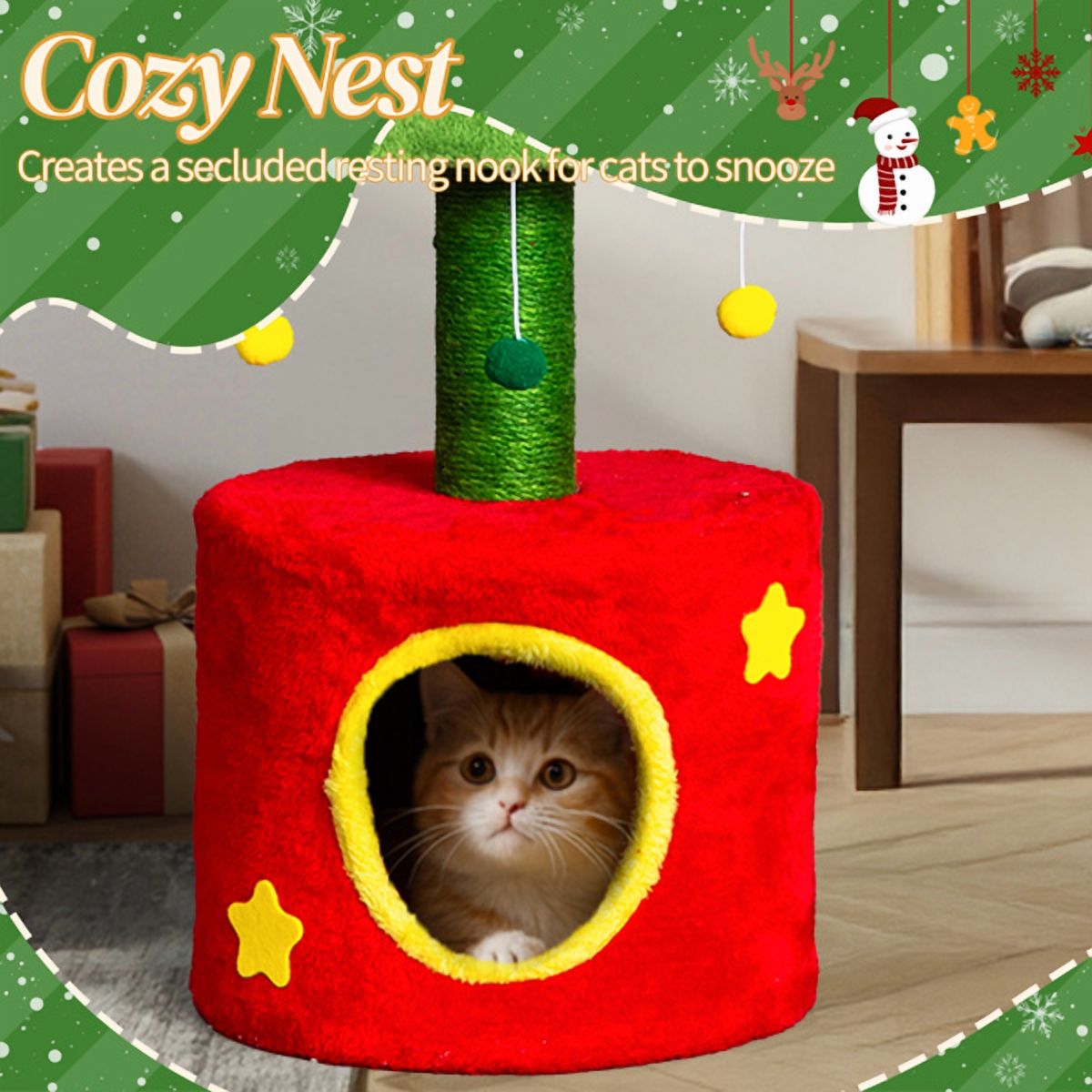 30in Christmas Cat Tree with House & Scratching Post - Red & Green Cat Tower with Hanging Balls for Kittens & Small Cats