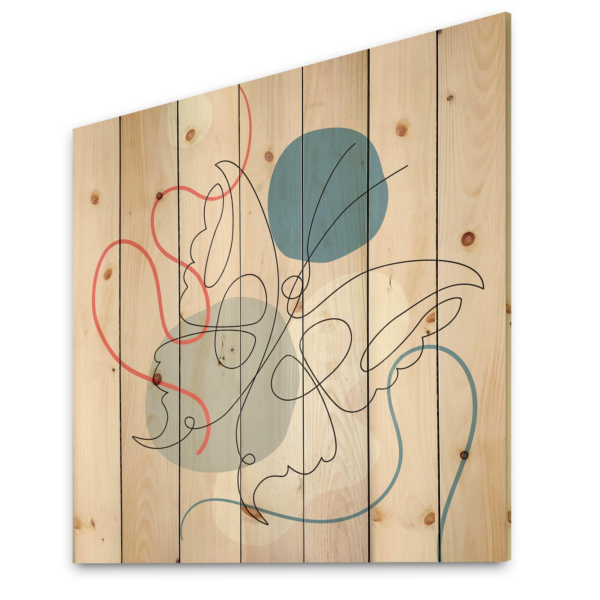 Designart 'Butterfly With One Line Drawing On Cubism Shapes I' Modern Print on Natural Pine Wood
