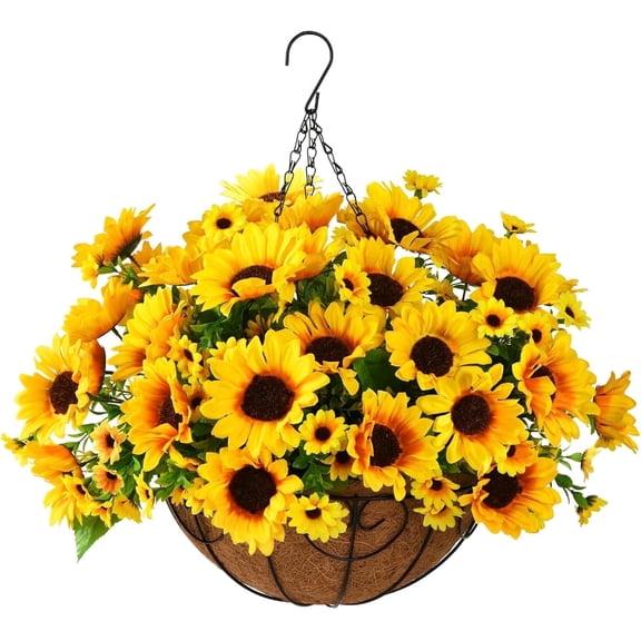 Artificial Sunflowers Basket Fake Hanging Flowers Plants Baskets for Outdoor Spring Summer Decoration, Faux Silk Flowers Look Real UV Resistant for Porch Patio Garden