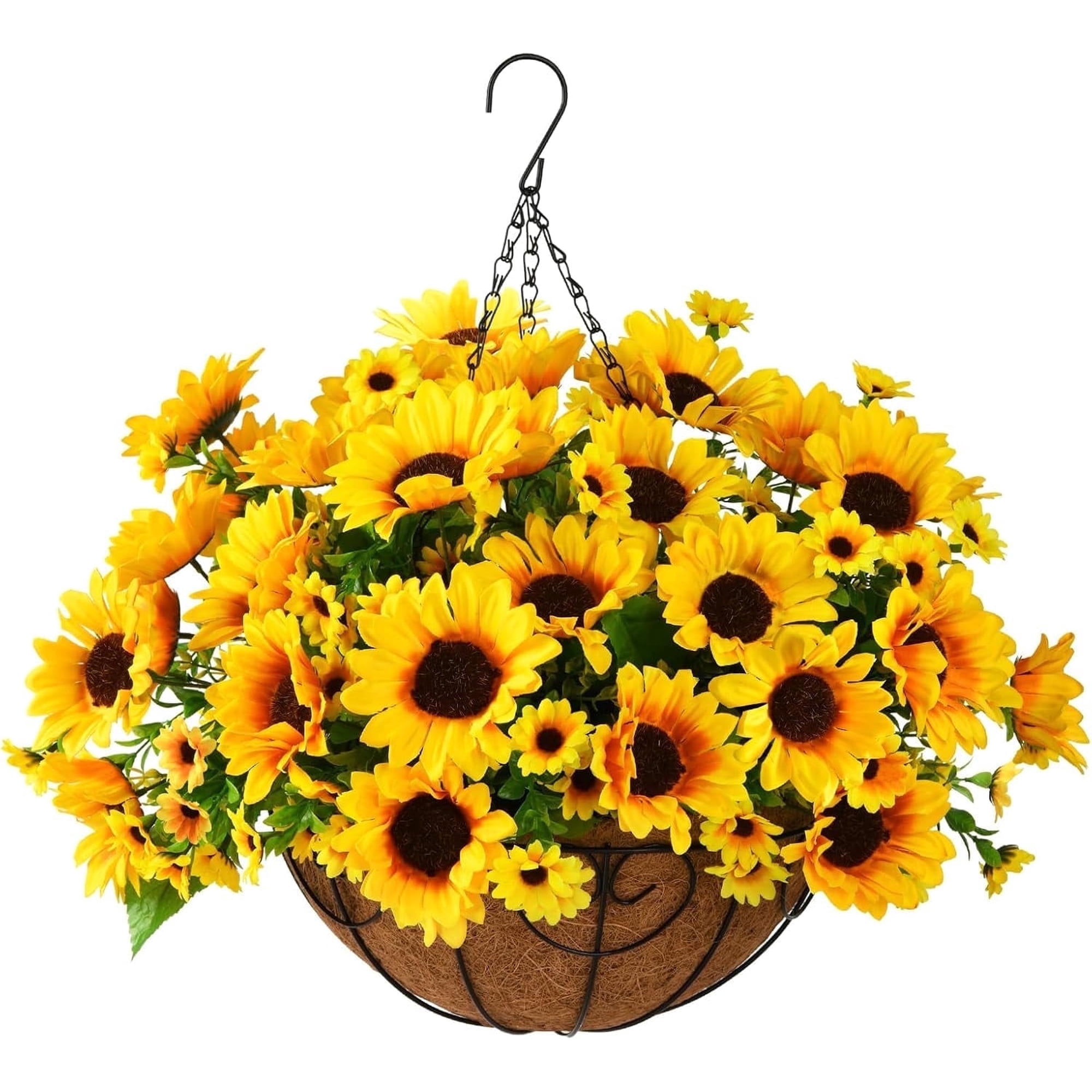 Artificial Sunflowers Basket Fake Hanging Flowers Plants Baskets for Outdoor Spring Summer Decoration, Faux Silk Flowers Look Real UV Resistant for Porch Patio Garden