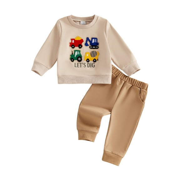 Loicainy Baby Toddler Boy Fall Outfits 6 12 18 24 Months 2T 3T 4T Digger Embroidery Crew Neck Sweatshirts and Pants Clothes Set