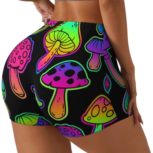 Balery Bright Mushrooms Pantalones cortos de entrenamiento estampados para mujer, sin costuras, ajustados, para gimnasio, yoga, correr, deportes, ejercicio activo, fitness.-Medium