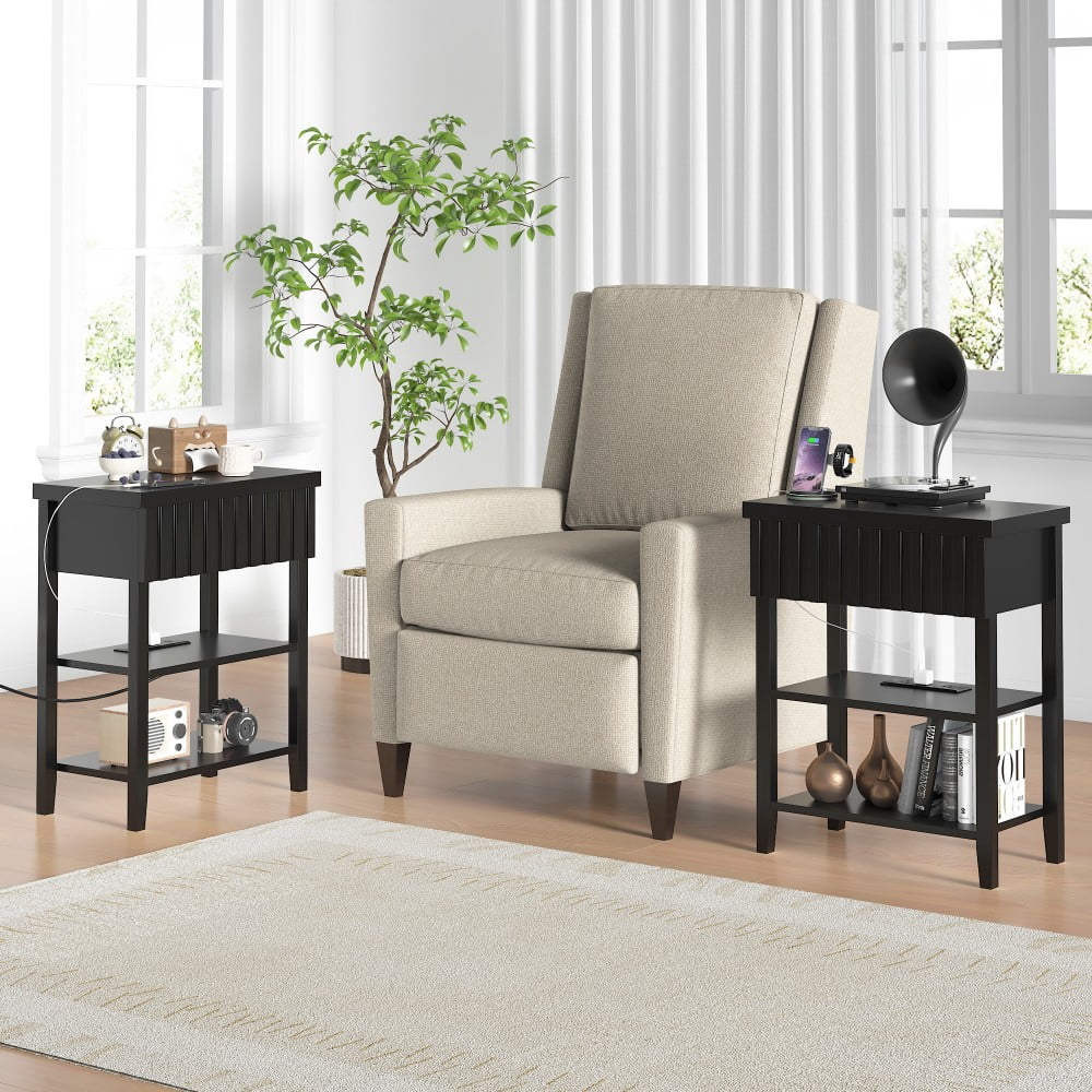 Nightstands Set of 2 with Charging Station, 2 USB Ports & 2 AC Outlets, Fluted Farmhouse Bedside Tables with Drawer & 2 Open Shelves, Black