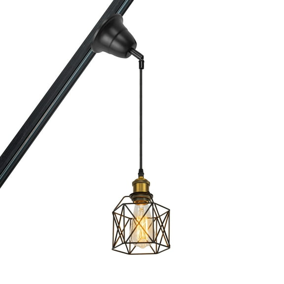 KAYYELAMP 1Pcs Slanting Position Adjusted Corded H-Type Cage Shade Black Track Light 3.2 Feet Matt Brass E26 Base Vintage Design for Kitchen Loft Sloping Space(No Bulb, Track)