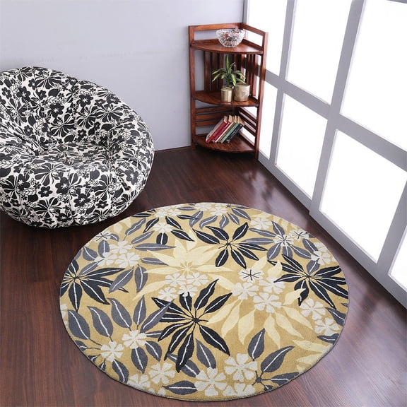 Rugsotic Carpets Hand Tufted Wool Eco-Friendly 8'x8' Area Rugs Round Gold Floral Modern High Pile Thick Handmade Anti Skid Indoor Rug for Living Room, Bedroom K00651