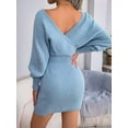 thumbnail image 5 of Women'S Cocktail Batwing Long Sleeve Wrap Knit Sweater Mini Dress  Blue L, 5 of 9