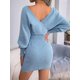 thumbnail image 5 of Vestido Mini de Punto Cruzado de Larga con de Murciélago para Cóctel para Mujer Azul L, 5 of 9