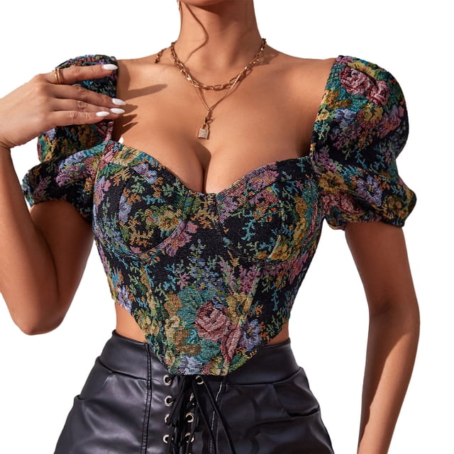 Top corto floral con mangas abullonadas, estilo cortesano vintage, espalda descubierta y cremallera, Top de mujer para citas