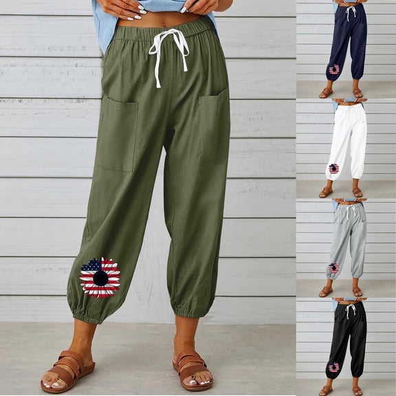 hulanddfd Womens Printed Pants Womens Solid Color High Waist Drawstring Pocket Casual Long Home Work Daily