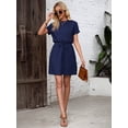 thumbnail image 4 of Navy Blue Womens Casual Short Sleeve Round Neck Waist Tie Mini Dress With Raglan Sleeve, 4 of 6