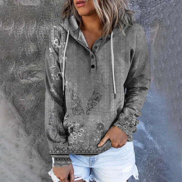 ICHUANYI Clearance Women's Fashion Printed Pocket Long Sleeve Blouse Casual Tops Sweatershirt Button Hoodies(Gray, L) ICHUANYI WER2023080803459