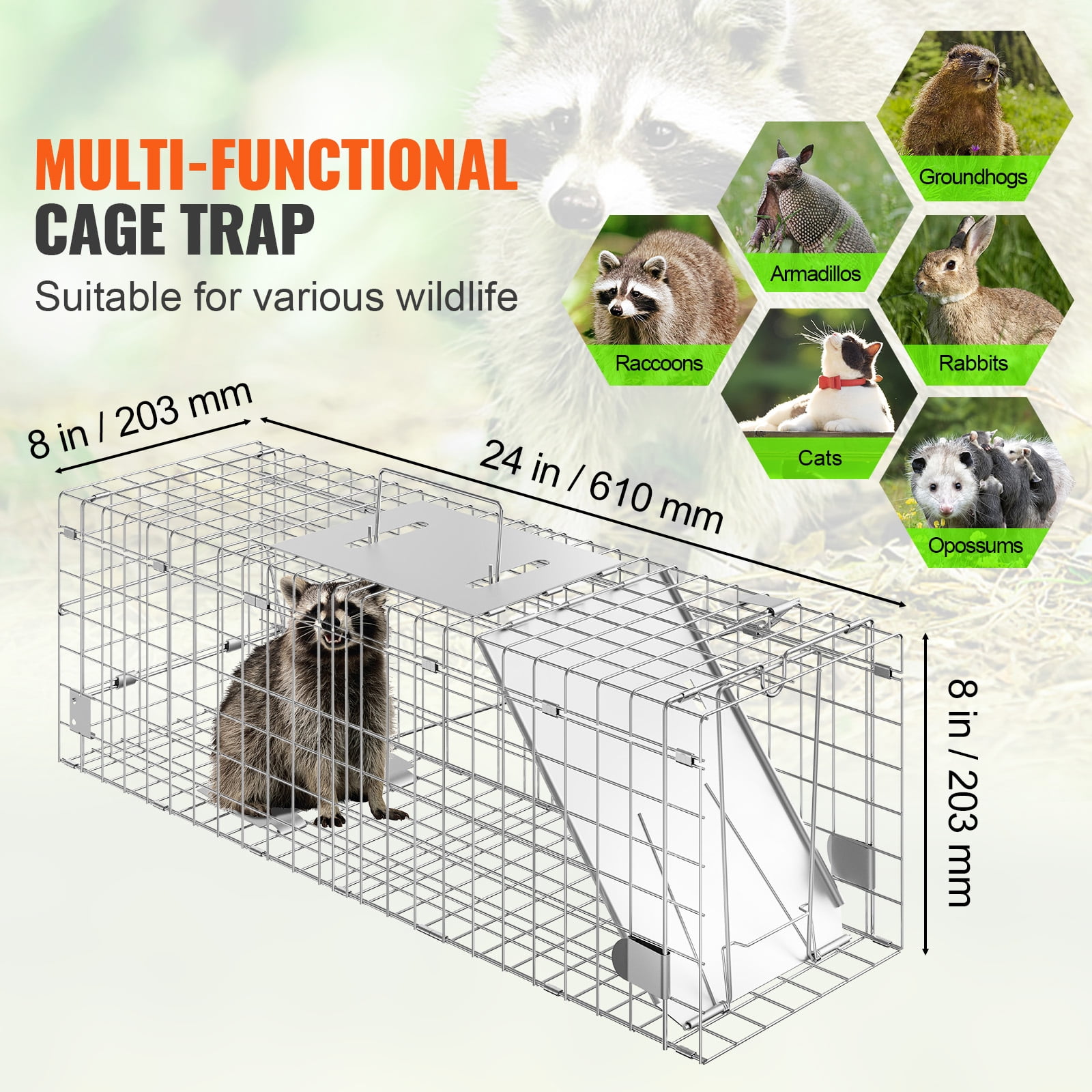 KFFKFF Live Capture Animal Trap 24"x8"x8", Durable Galvanized Iron Cage, Collapsible Design with Carrying Handle for Safe Transport of Rabbits, Feral Cats, Squirrels