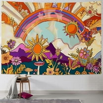 Creowell Vintage 70s 60s Groovy Tapestry, Retro Flowers Clouds Sun and Rainbow Tapestry Wall Hanging, Orange Boho Aesthetic Tapestry for Bedroom Living Room Dorm Decor  Painting