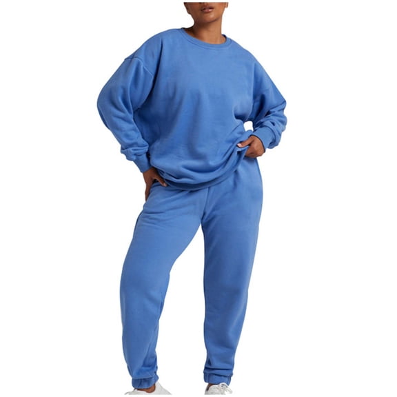 BXINGOHAI Women's Solid 2 Piece Sweatsuit Thin Fleece Tracksuit Long Sleeved Crewneck Sweatshirt and Drawstring Sweatpants Lounge Jogger Sets With Pockets Today Blue,M