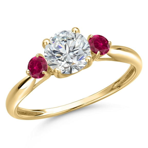 Gem Stone King 10K Yellow Gold Lab Grown Diamond and Red Created Ruby 3-Stone Ring for Women | 1.02 Cttw | Round 6MM | Gemstone April Birthstone | Size 8