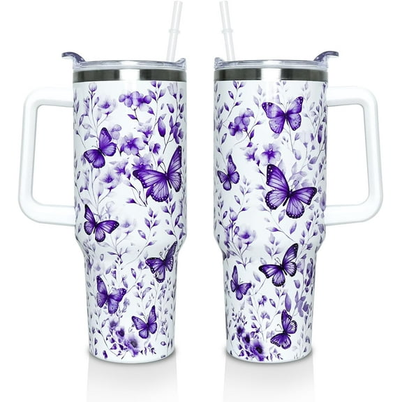 Purple Butterfly Gifts Tumbler for Women Mom, Butterflies Print Leakproof Coffee Travel Mug, Lavender 40 Oz Tumblers with Handle and Straw Water Bottle Cup Gift Ideal