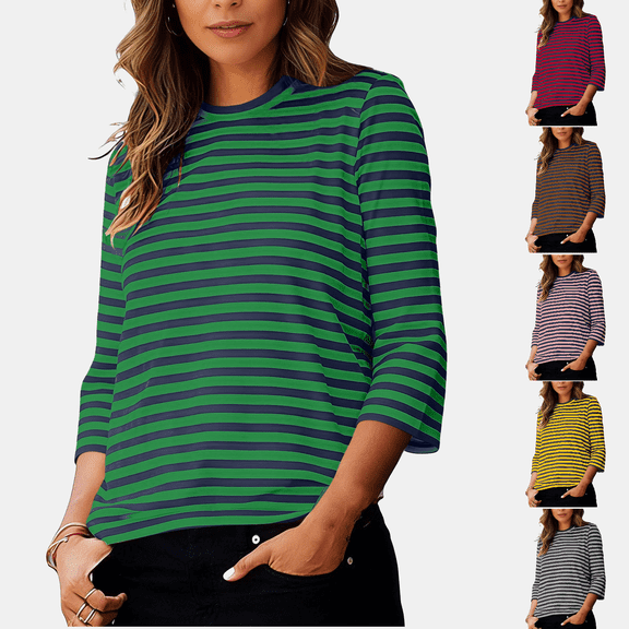 hoksml Women's Striped Crew Neck Long Sleeve T Shirt Casual Loose Fit Tops for Everyday Wear