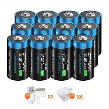 Image of 12 Pack 15000mWh 1.5V USB Lithium High Capacity D Size Rechargeable Batteries with 6 Pack Battery Case