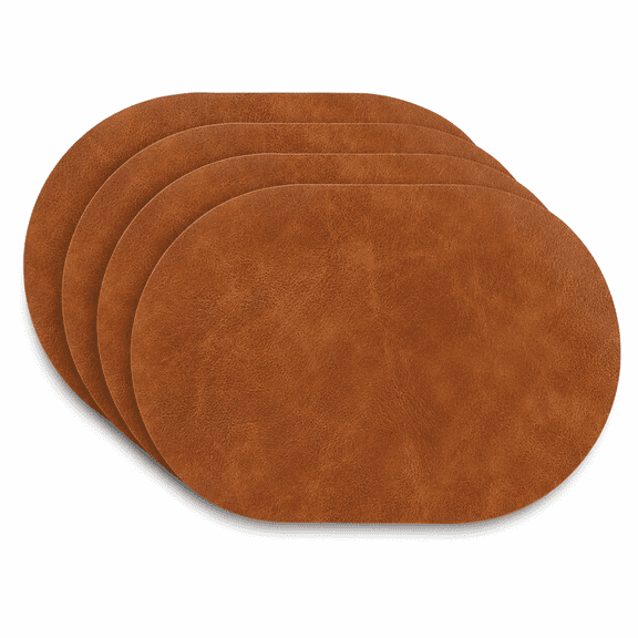 Oval Placemats Set of 4, Turmeric Brown Faux Leather PU Table Mats 12 x 17 Inch, Waterproof Wipeable Place Mats for Kitchen and Dining Room
