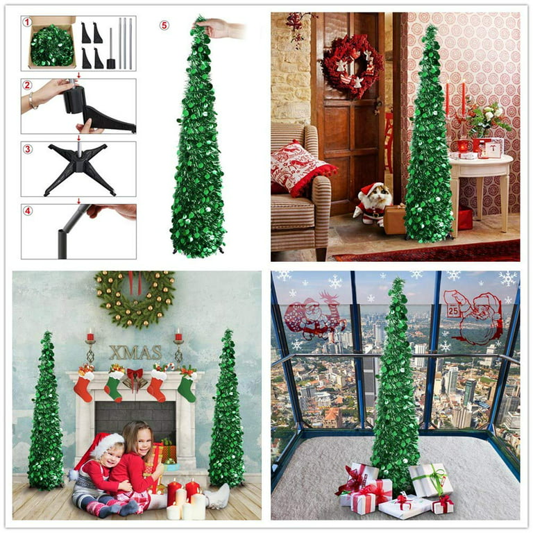 5 Ft Tinsel Prelit Christmas Tree Pop Up with Timer Color Lights Star  Sequins Battery Operated Artificial Pencil Slim Xmas Tree for Home Party  Indoor Outdoor Christmas Decoration 