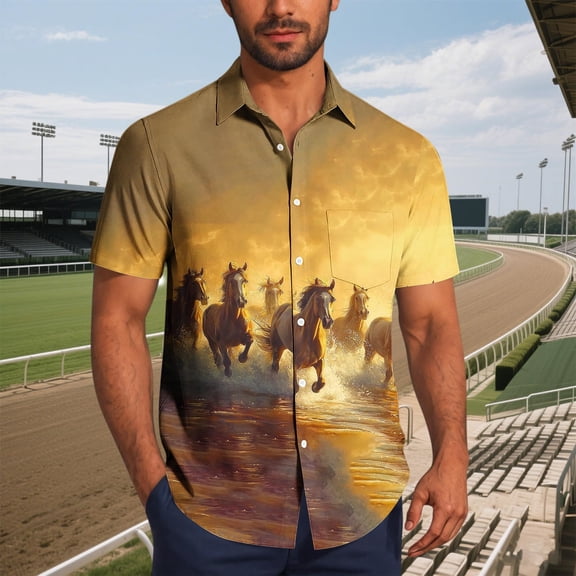 Cllios Hawaiian Shirts for Men Summer Horse Print Beach Tops Lightweight Lapel Collared Short Sleeve T-shirts Cotton Button Down Bowling Shirts S-5XL