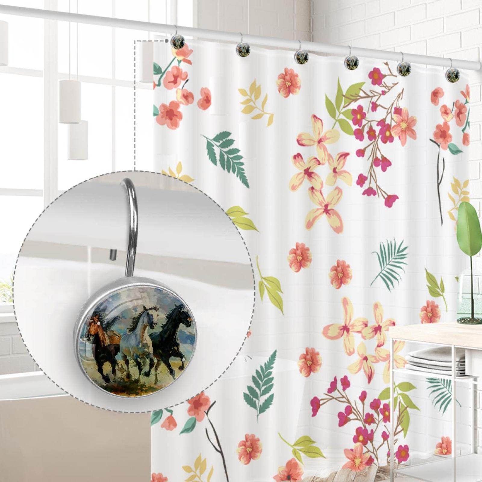 Three Running Horses Shower Curtain Hooks Round Crystal Glass, Set of 12 Shower Curtain Rings - Shower Hooks for Curtain Shower Rings
