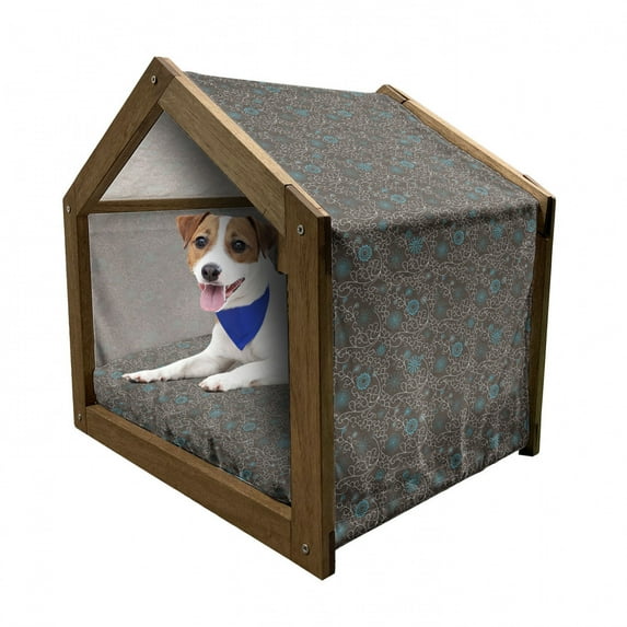 Oriental Pet House, Abstract Inspirations Curved and Swirled Lines Inspirations, Outdoor & Indoor Portable Dog Kennel with Pillow and Cover, 5 Sizes, Brown White Aqua, by Ambesonne