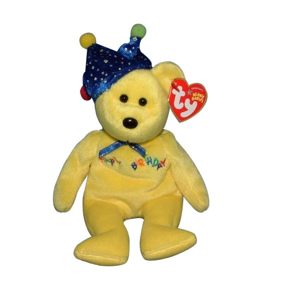 Ty Beanie Babies Happy Birthday the Bear Yellow with Jester Hat Plush