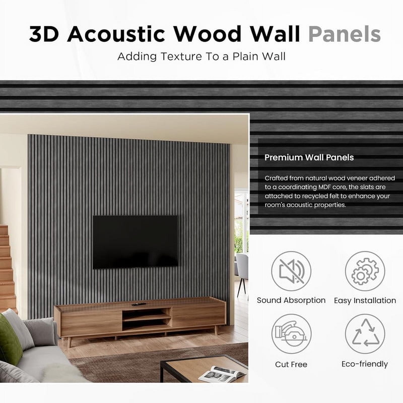 Easy4Home 4Pcs Wood Slat Acoustic Panels 94.5" x 12.6" Soundproof Wall Panels,Dark Gray