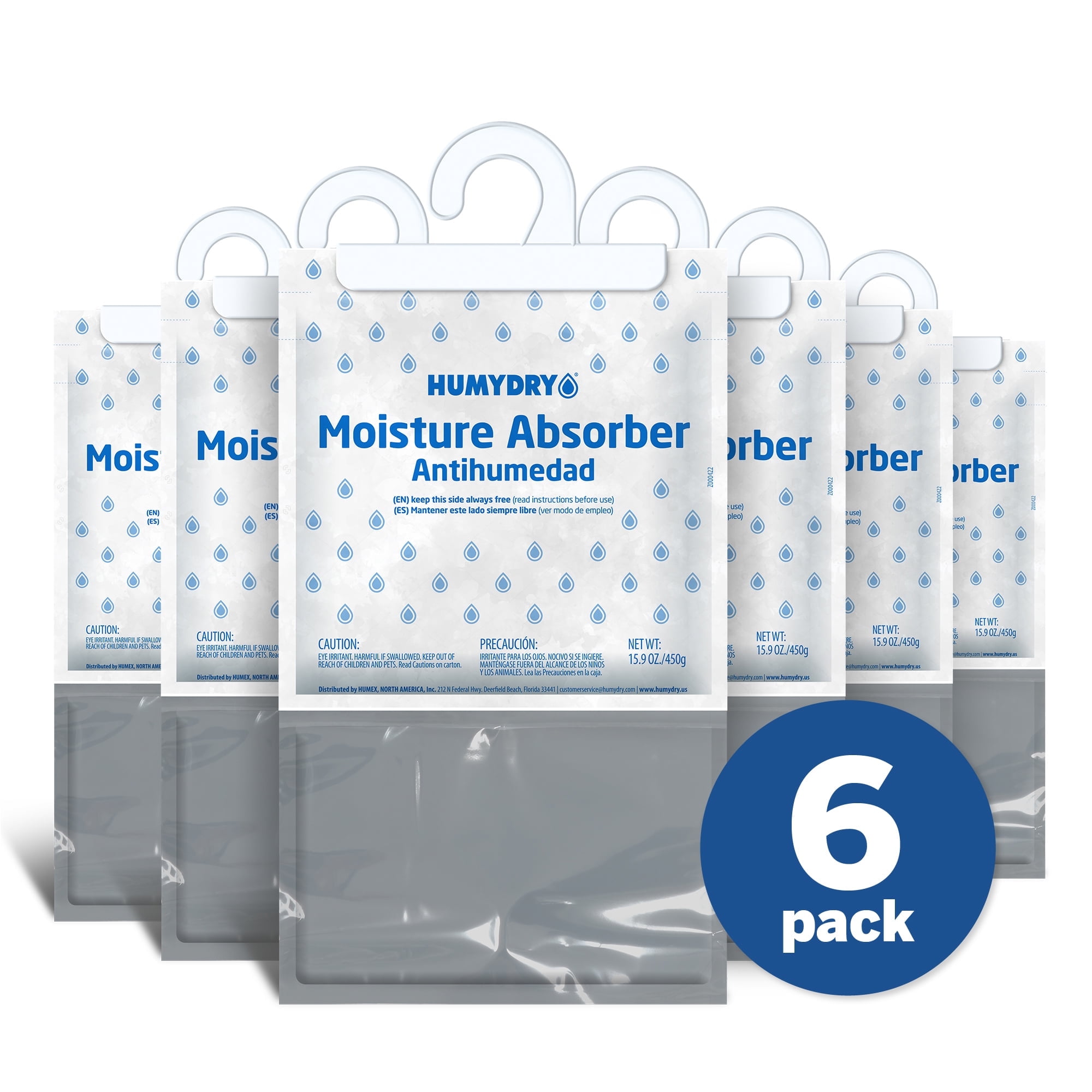 Humydry Hanging Moisture Absorber for Closets, Pack of 6 Unscented 15.9 Oz Dehumidifier Bags, Non Electric Humidity Absorbers for Wardrobes Clothes Storage Areas and Small Enclosed Spaces