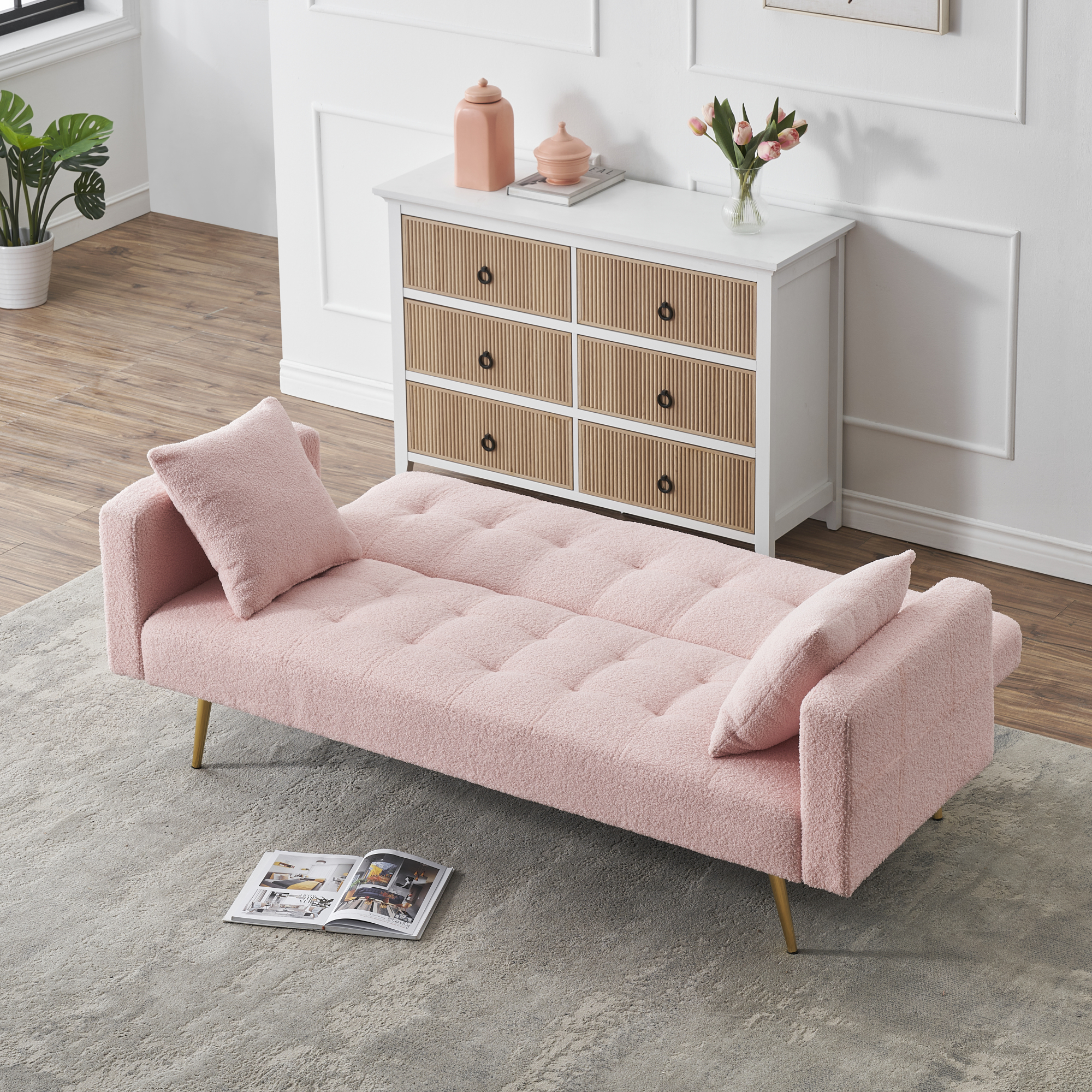 71" W Teddy Convertible Futon Sofa Bed,Modern Upholstered Loveseat Sofa Couch for Living Room,Small Space,Pink