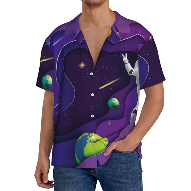 Balery Astronaut Camisa Casual de Manga Corta con Botones para Hombre, Texturizada, Estilo Cubano, para Playa, Verano-4X-Large