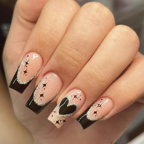 Black French Tip Press on Nails Medium Length Square Glue on Nails with Silver Glitter Designs Fake Nails Heart Acrylic False Nails for Women Girls Daily Wear 24Pcs Multicolor 3 Ounce (Pack of 1)